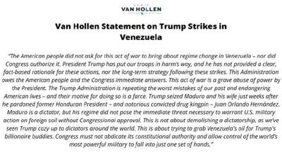 سناتور ون هولن: ترامپ با «توقیف» مادورو قصد دارد «نفت ونزوئلا را برای رفقای میلیاردرش تصاحب کند»